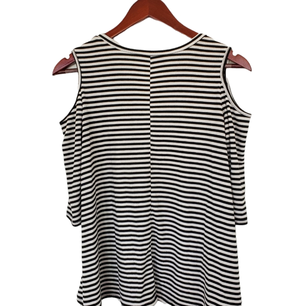 See You Next Monday Black White Stripe XS Cold Shoulder Blouse - Picture 3 of 4